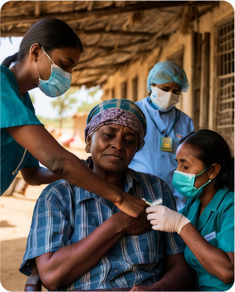 Healthcare workers supporting a patient in a rural clinic